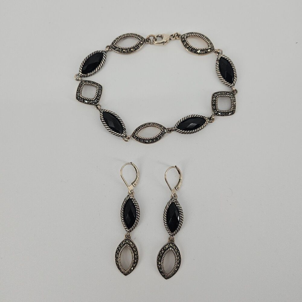 Beautiful VTG Black Onyx Marcasite 925 Sterling Silver Tennis Bracelet Earrings